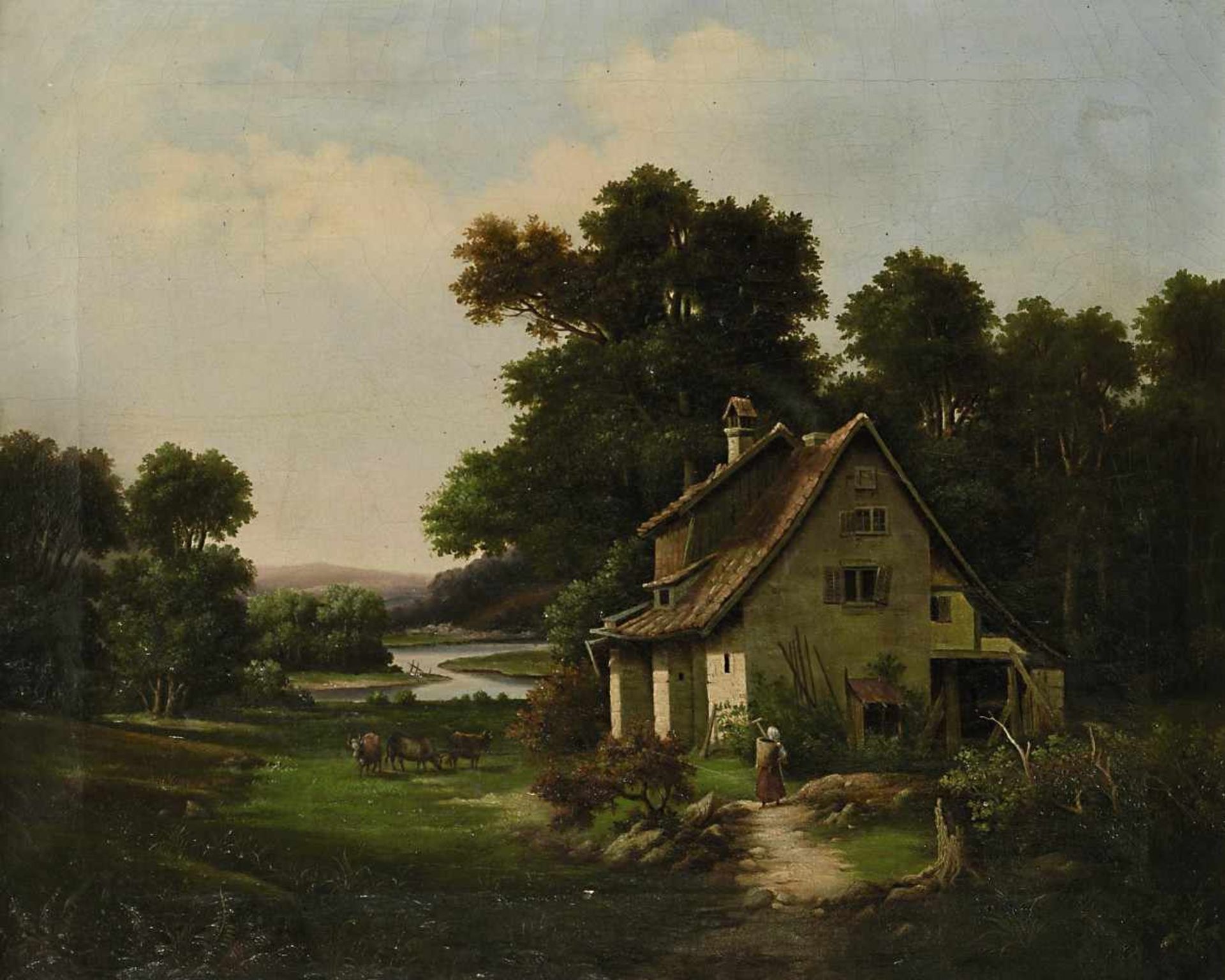 Mumm, W. um 1854 Mumm, W., um 1854 Bauernhaus am Fluss Öl / Lwd. 37 x 44 cm Rückseitig auf der