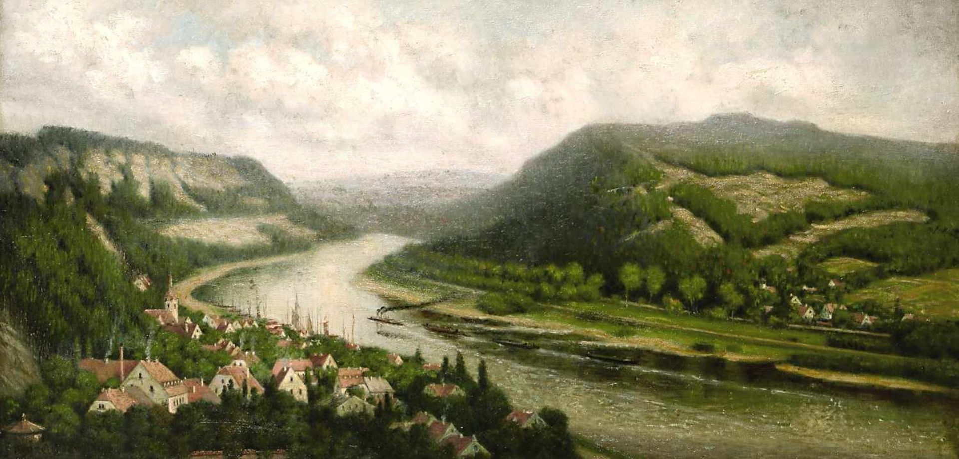 Menzel, Ernst um 1894 Menzel, Ernst, um 1894 Rheinlandschaft Öl / Lwd. 50 x 100 cm L. u. signiert