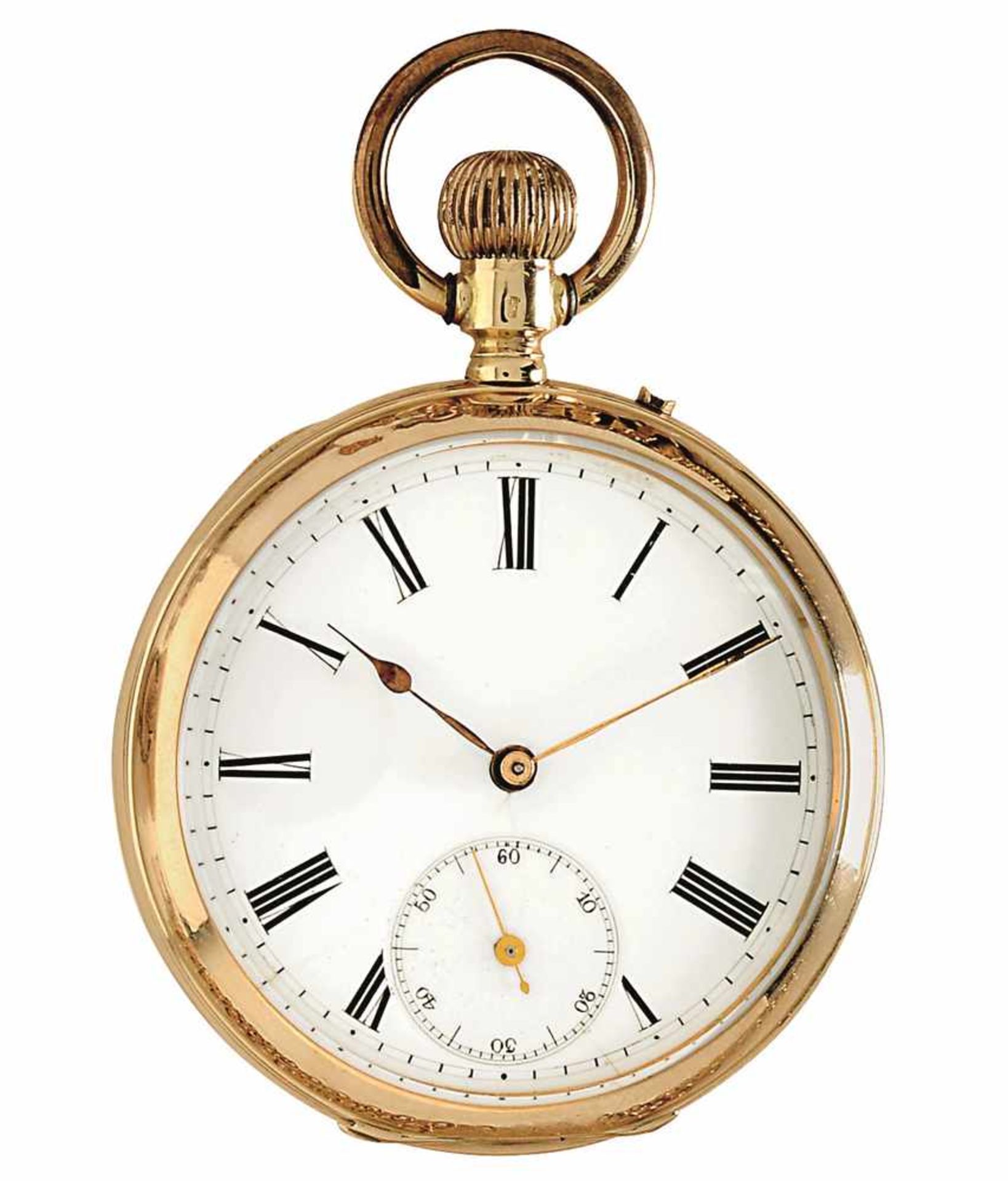 Taschenuhr Um 1910 14 K GG, Marke (585), Gehäuse und Staubdeckel. Weißes Emailzifferblatt mit