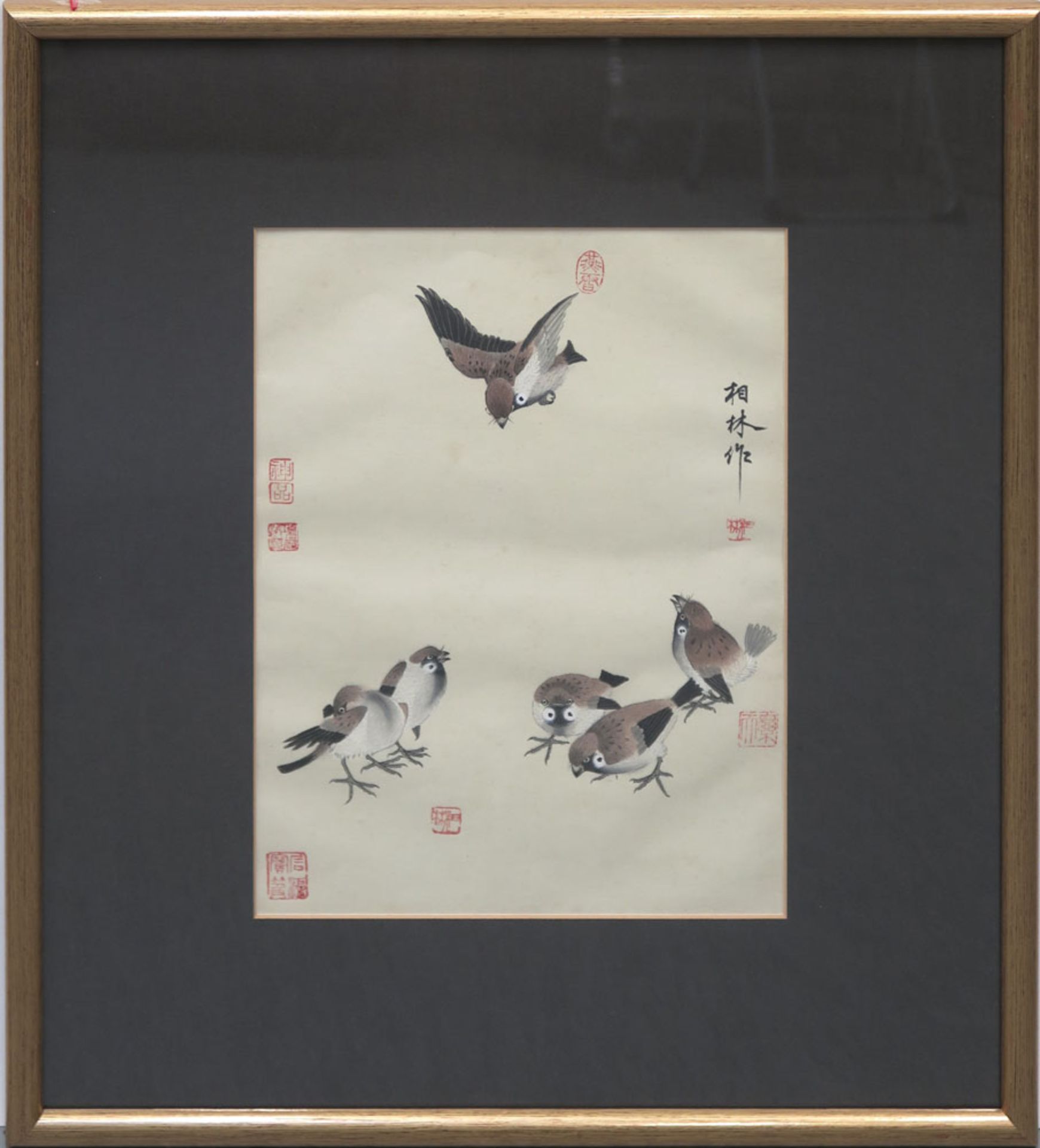 Vögel / Vogel und Blumen China Zwei Aquarelle auf Stoff. BA: 38 x 27 cm bzw. 29 x 42 cm Bez. Rahmen