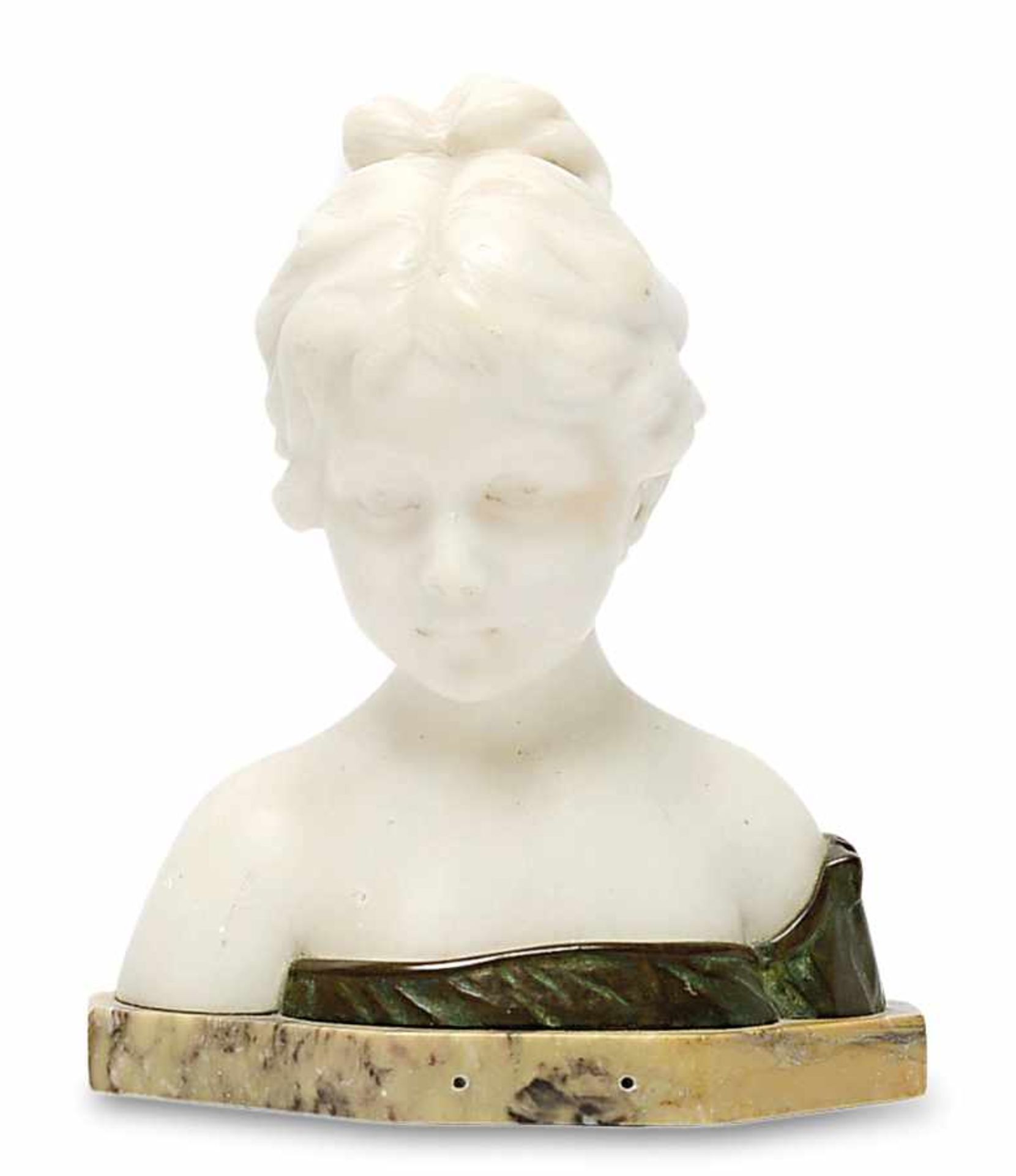 Gino Italien, wohl um 1900 Mädchenbüste Alabaster und Bronze. Auf gelber Marmorplinthe montiert.