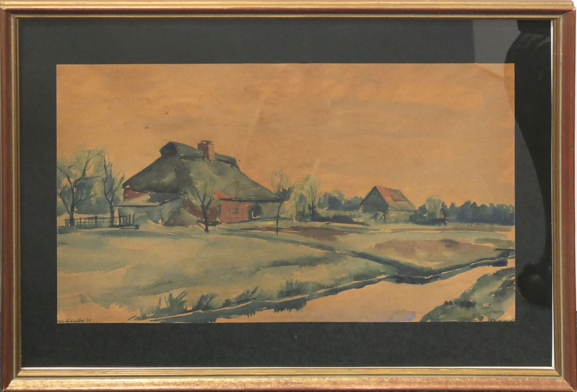 Graba, Willy 1894 Wesselburen - 1973 Hallig Langeneß Landschaft mit Bauernhäusern Aquarell 32,5 x