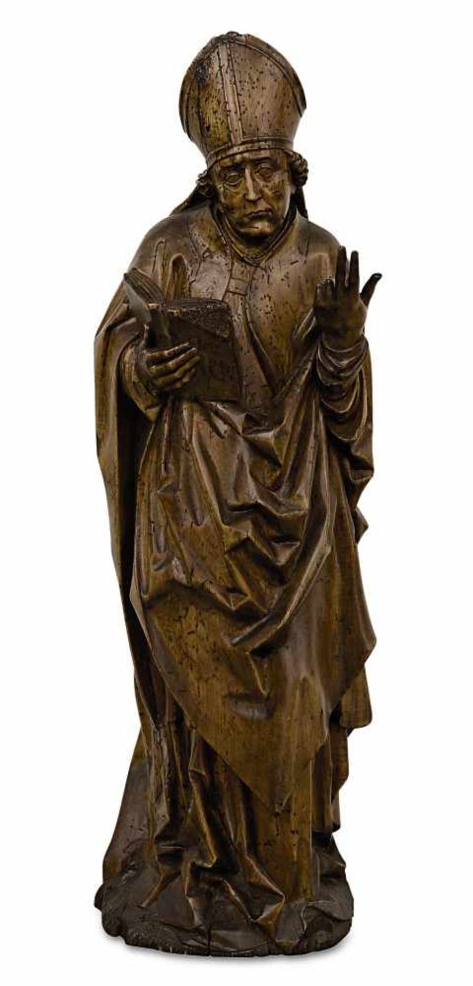 Heiliger Bischof Franken, Anfang 16. Jh. Holz, geschnitzt, rückseitig gehöhlt. Min. besch. H. 105