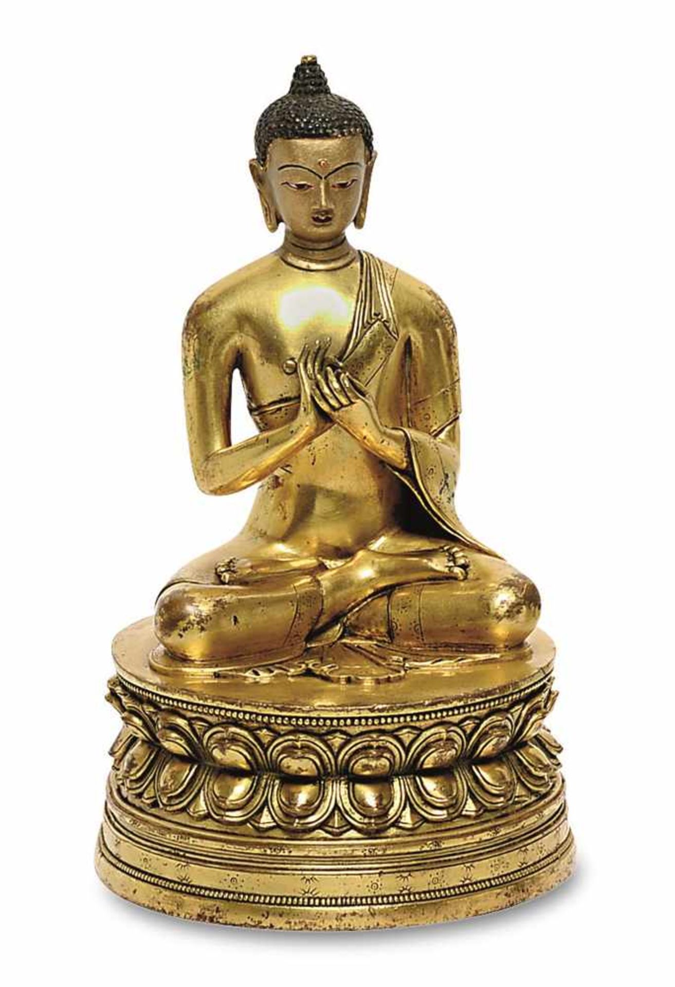 Buddha Sinotibetisch Bronze, feuervergoldet, Kopf und Gesicht mit Goldlack und roter und schwarzer