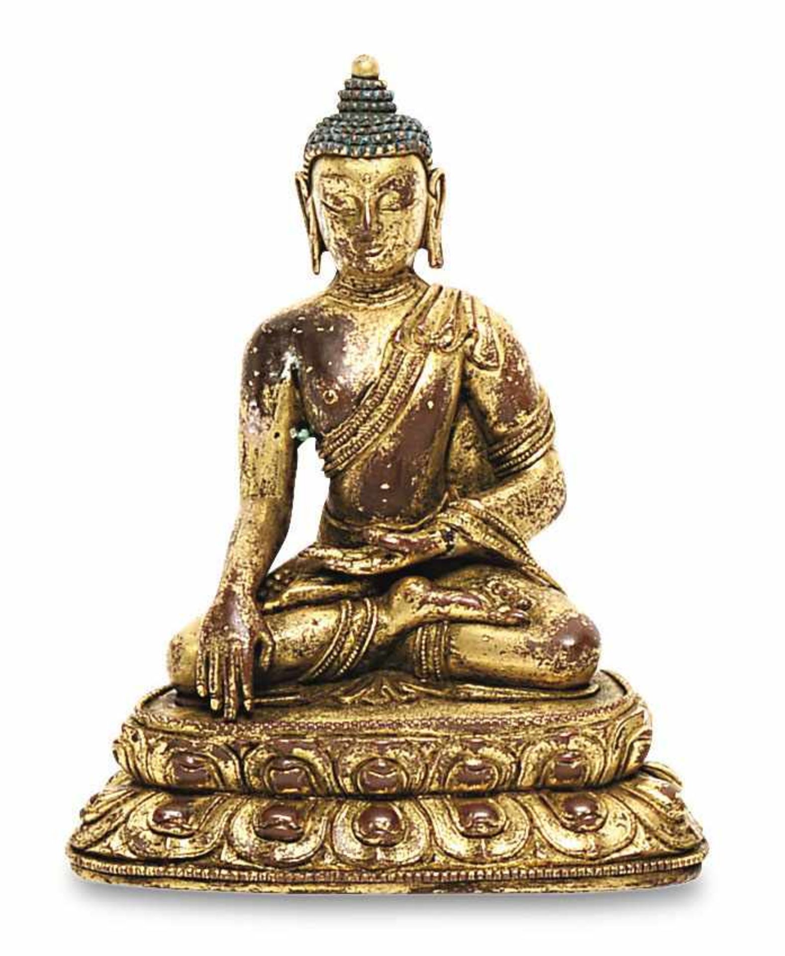 Buddha Shakyamuni Tibetisch oder sinotibetisch Kupferlegierung, Feuervergoldung partiell abgerieben,