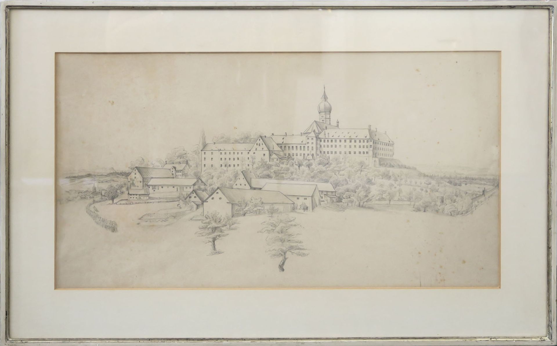 Süddeutsch 19./20. Jh. Blick auf Kloster Andechs Bleistiftzeichnung BA: 33,5 x 61 cm Fleckig.