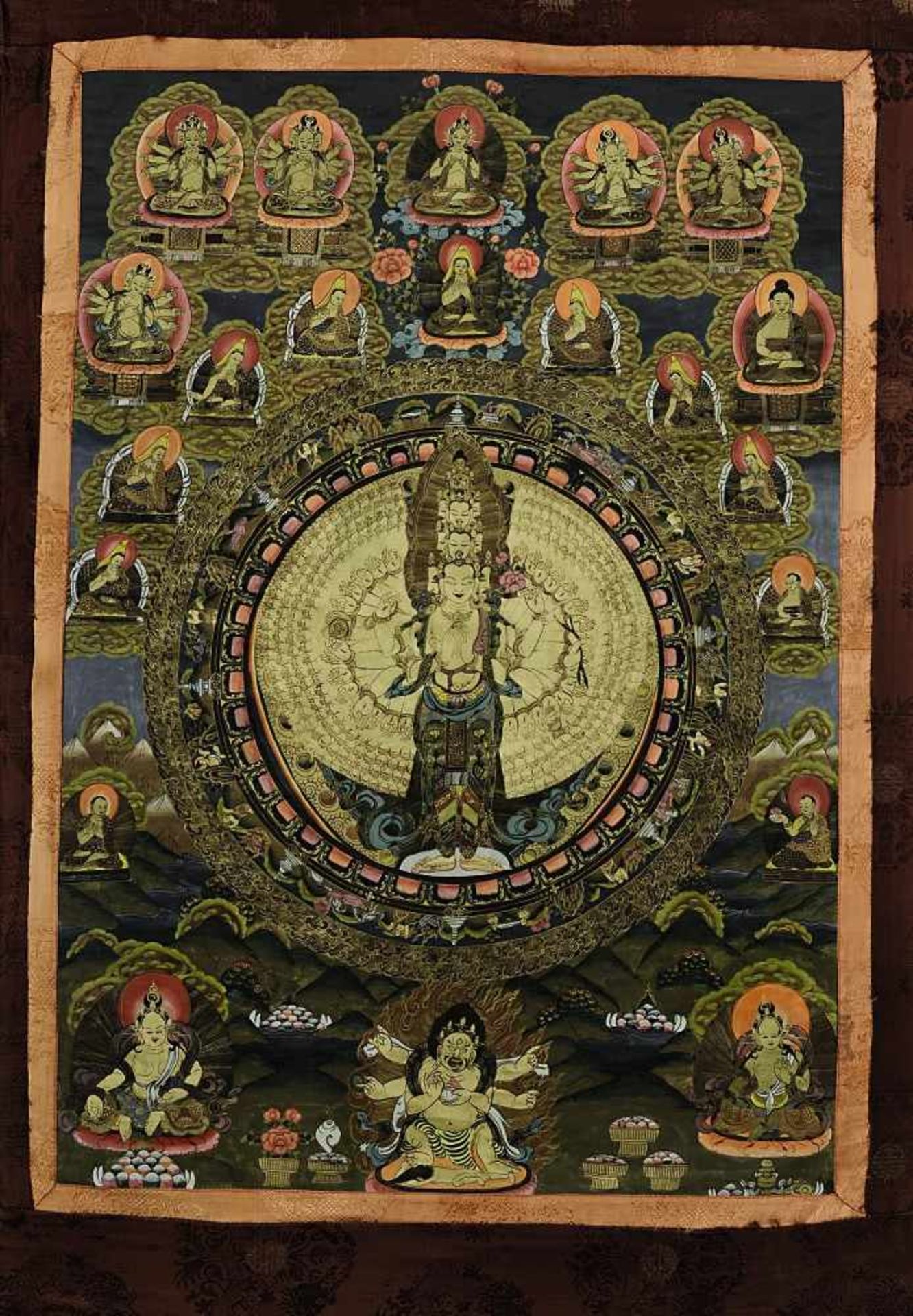 Thangka: Tausendarmiger Avalokiteshvara Tibet Umgeben von Buddhas und Bodhisattvas. Gouache und