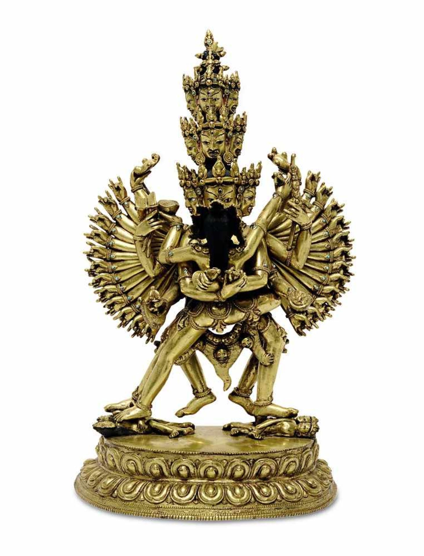 Chakrasamvara und Vajravarahi in yab-yum Tibet Bronze mit kleinen Türkiscabochons. Haare, Augen