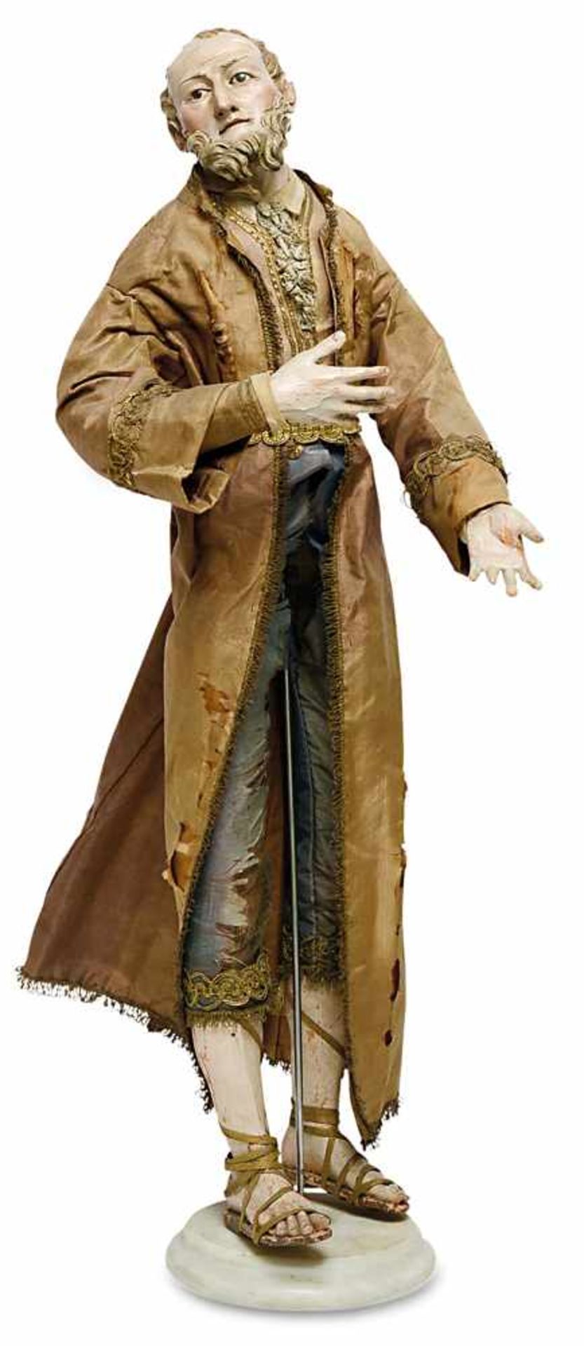 Große Krippenfigur: Herr mit Mantel Italien (Neapel) Terrakotta und Holz, gefasst. Kleidung aus