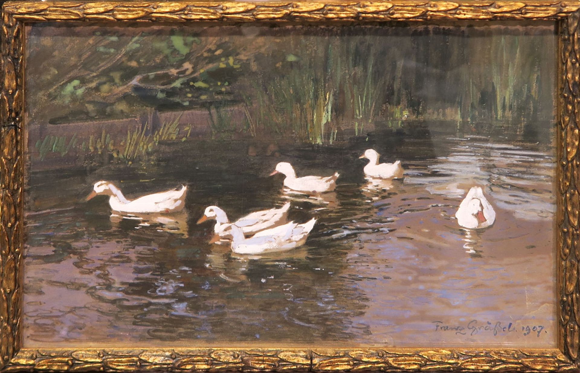 Grässel, Franz 1861 Obersasbach - 1948 Emmering Sechs weiße Enten auf dem Wasser Gouache 21 x 31,5