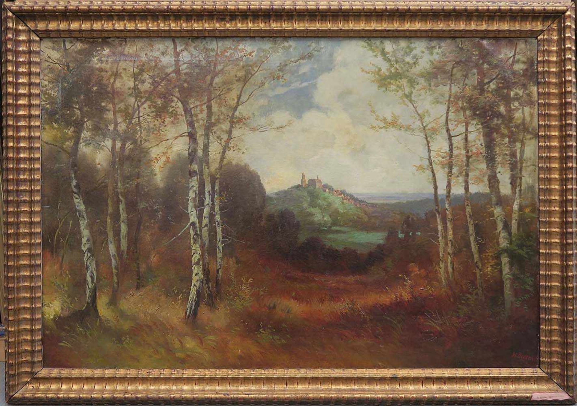 Dresen, H.datiert 1916Birkenwäldchen im Herbst mit Blick auf eine BurgÖl/Lwd. 70 x 100 cm. R. u.