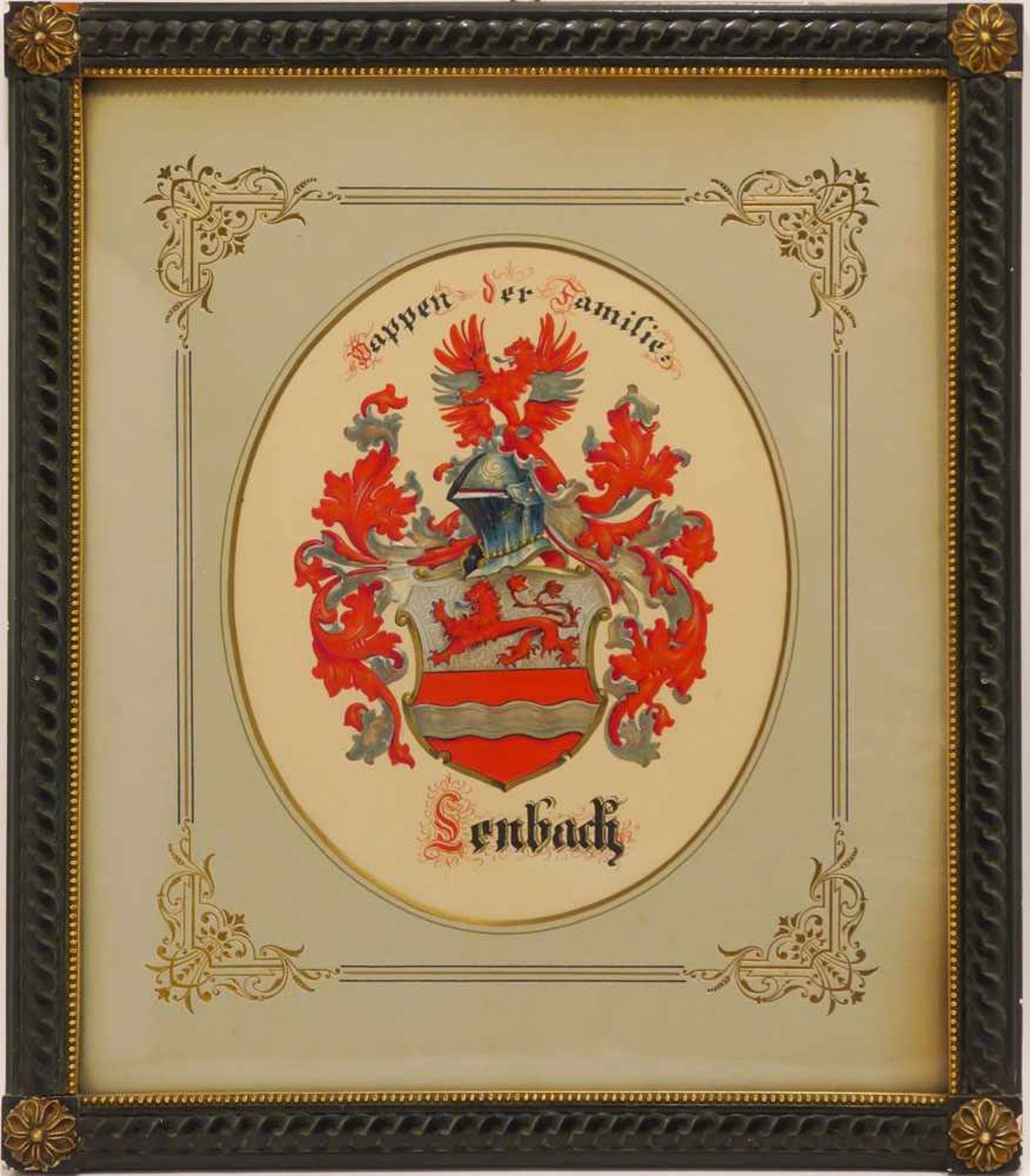 Wappen der Familie LenbachMischtechnik. BA: 26 x 21 cm. Unter Passepartout montiert. Rahmen. Ehemals