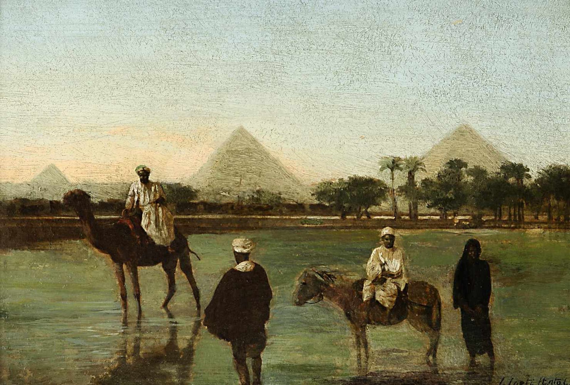 Orientalist2. Hälfte 19. Jh.Fellachen vor den Pyramiden von GizehÖl / Holz 20,2 x 27,5 cmR. u. von