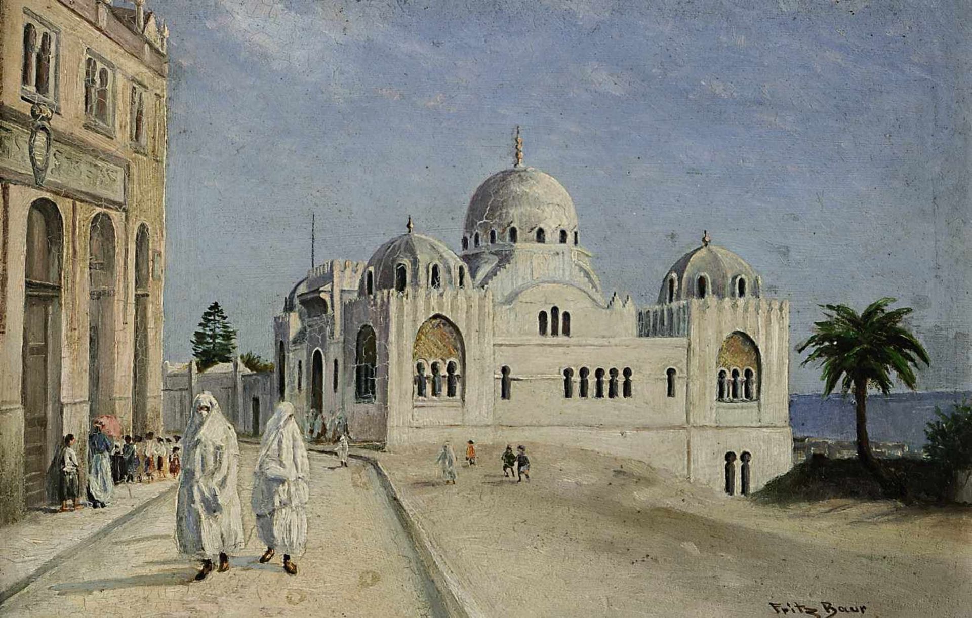 Baur, Fritz20. Jh.Moschee am Mittelmeer mit FigurenstaffageÖl / Karton 20,8 x 29,7 cmR. u.