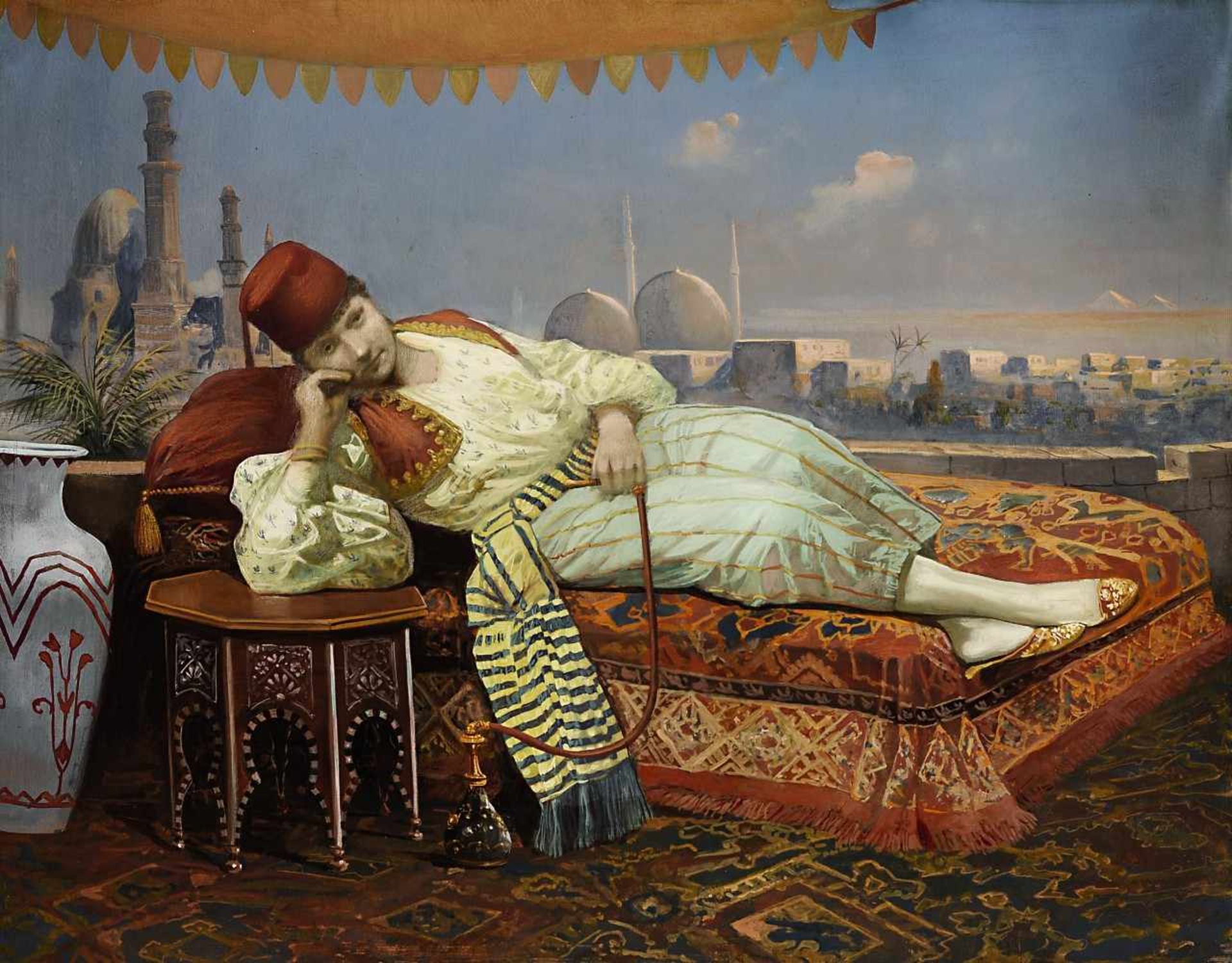 Orientalistwohl 2. Hälfte 19. Jh.Junger Mann, auf dem Diwan liegend und eine Wasserpfeife rauchendIm