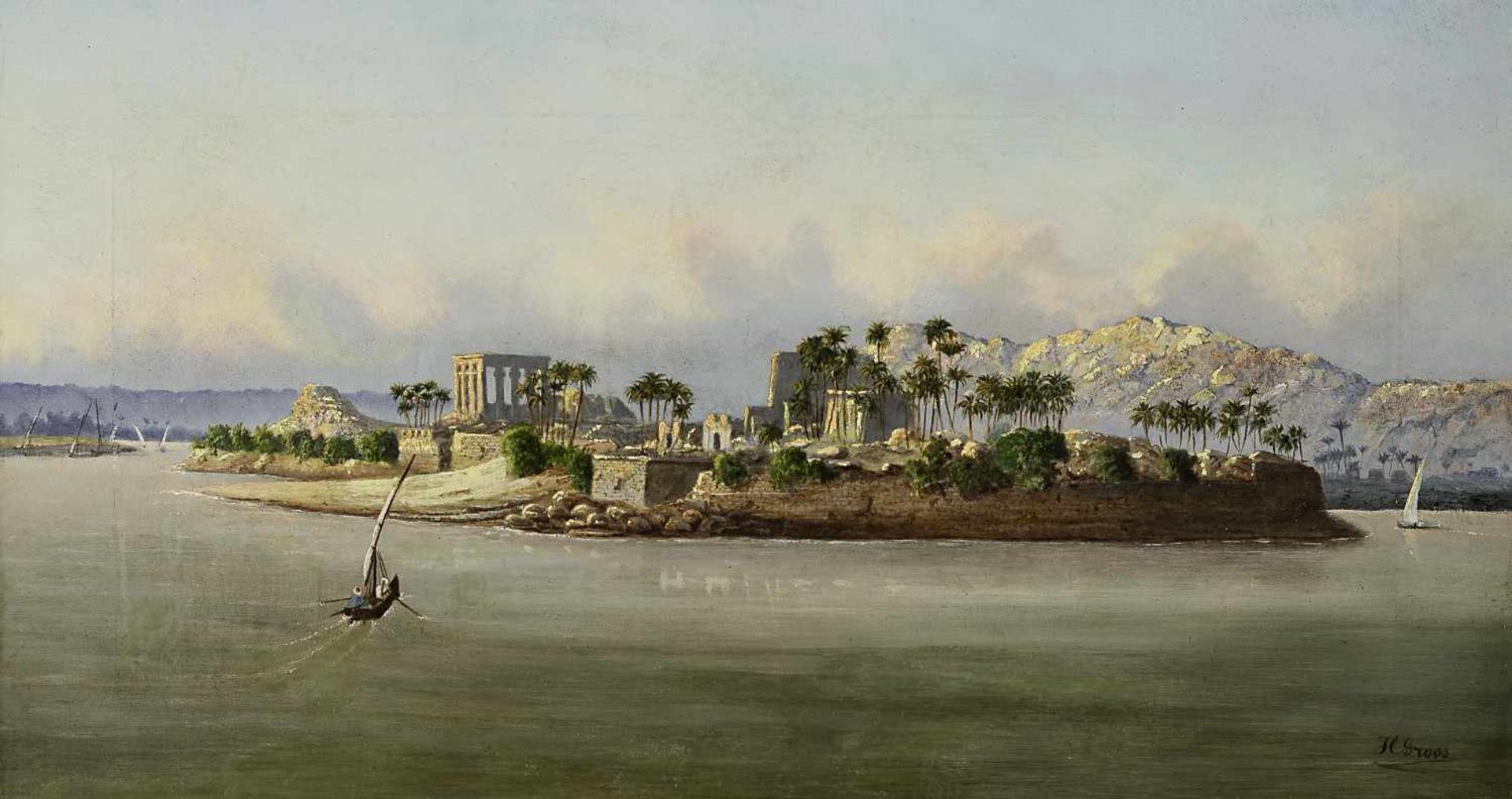 Gross, H.19./20. Jh.Blick auf die Tempel der Nilinsel PhilaeÖl / Lwd. 35 x 66 cmR. u. signiert.