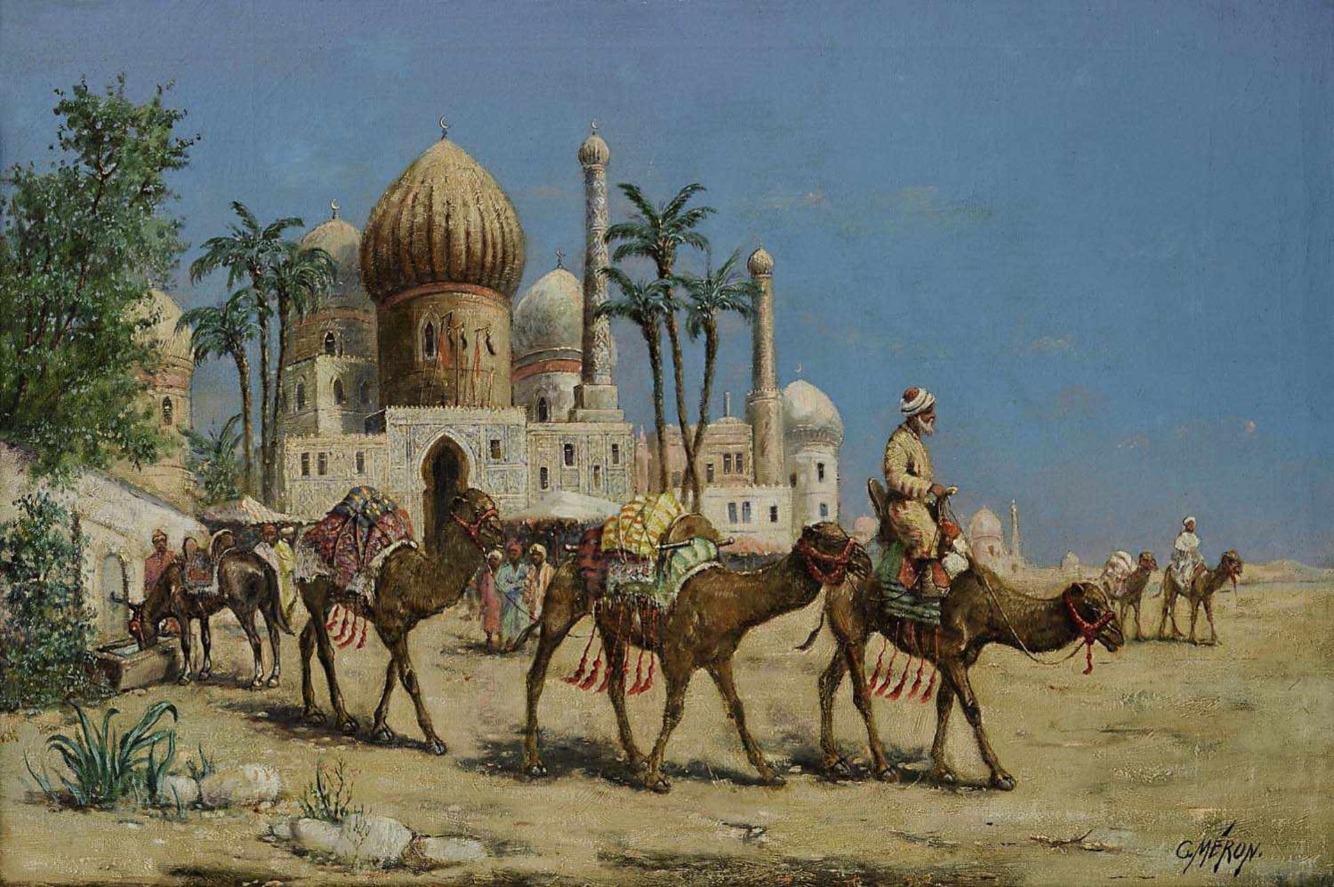 Meron, C.um 1900Karawane vor den Toren einer orientalischen Stadt (Luxor?)Öl / Lwd. 53 x 79 cmR.