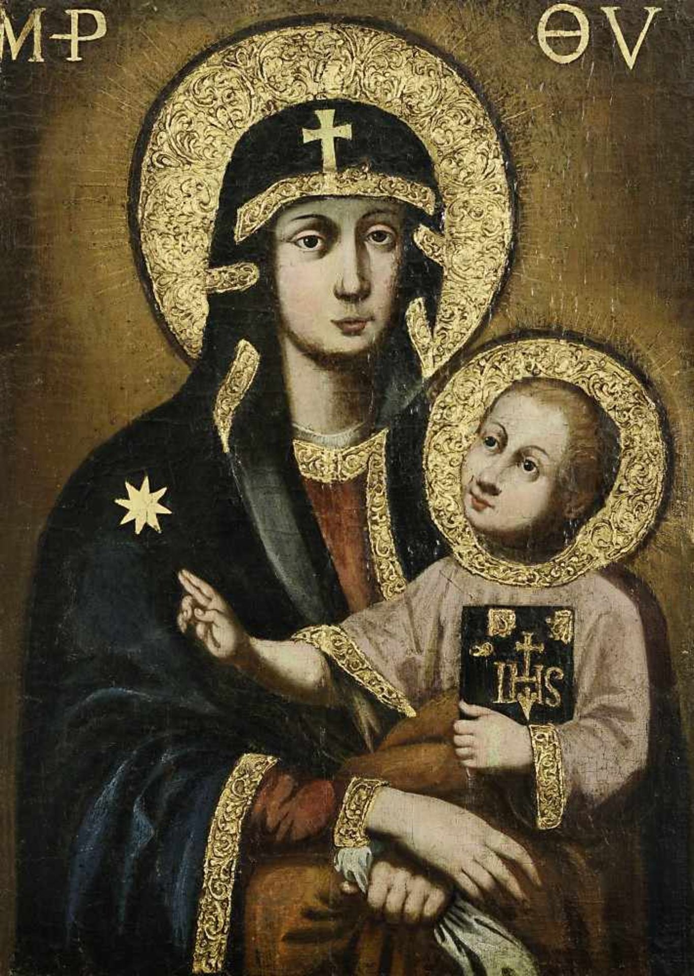 wohl russisch, 18. Jh.Maria mit KindÖl / Lwd. / Holz Ikonenartig reliefierte Nimben und