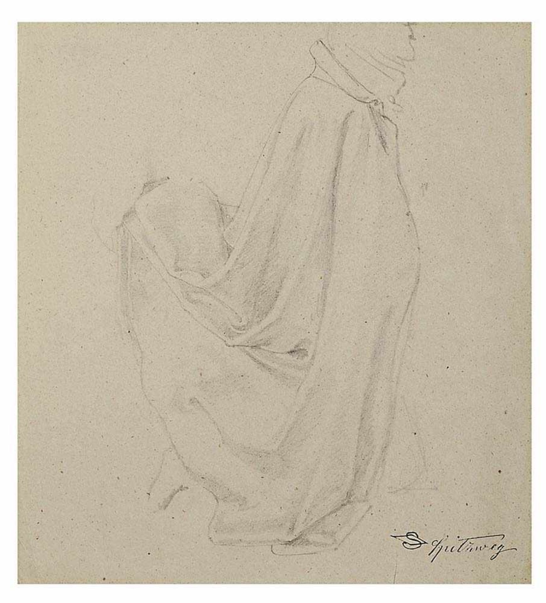 Spitzweg, Carl1808 München - 1885 ebd.Studie eines knienden Mannes mit MantelBleistiftzeichnung,