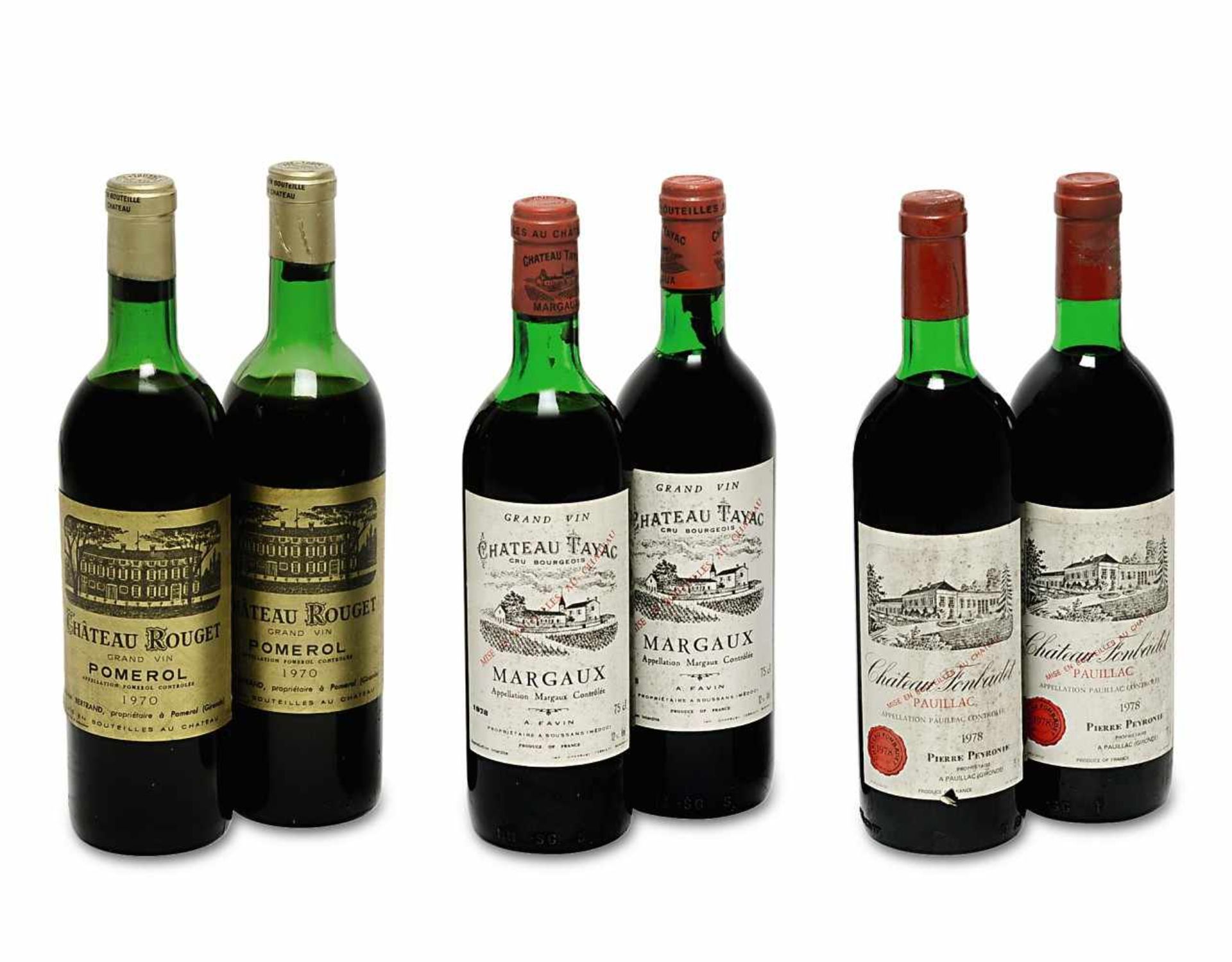 Sechs Flaschen BordeauxBordeaux, FrankreichZwei Flaschen Château Rouget, Grand Vin, Pomerol,