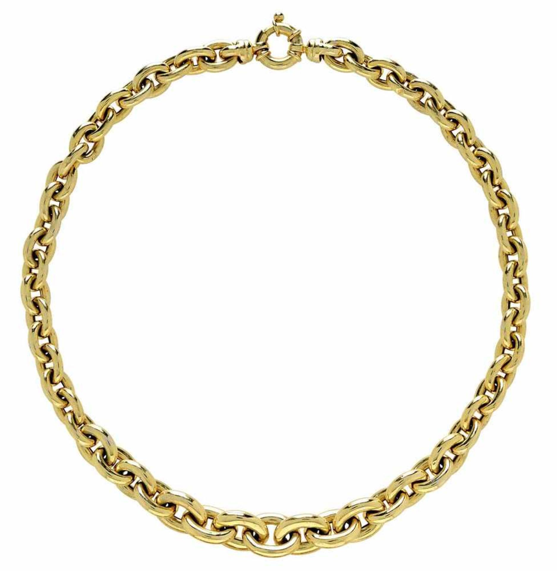 Kette14 K GG, Marke (585). Ankerkette, zur Mitte hin größer werdend.L. ca. 43 cm. Ca. 48,2 g