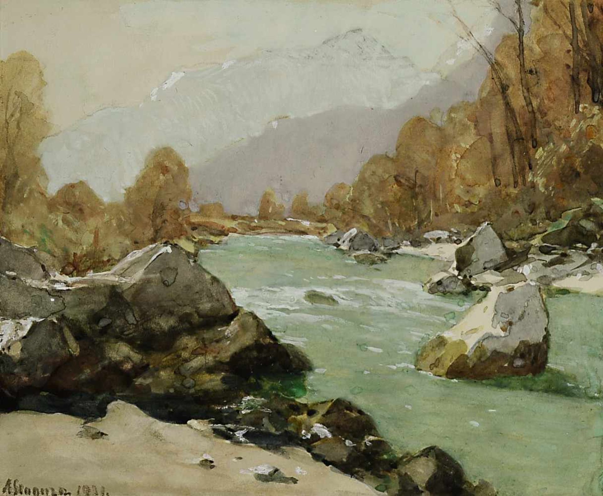 Stagura, Albert1866 Dresden - 1947 Gstadt/Chiemsee"Lofer im Herbst" (Gebirgsfluss)Aquarell, weiß