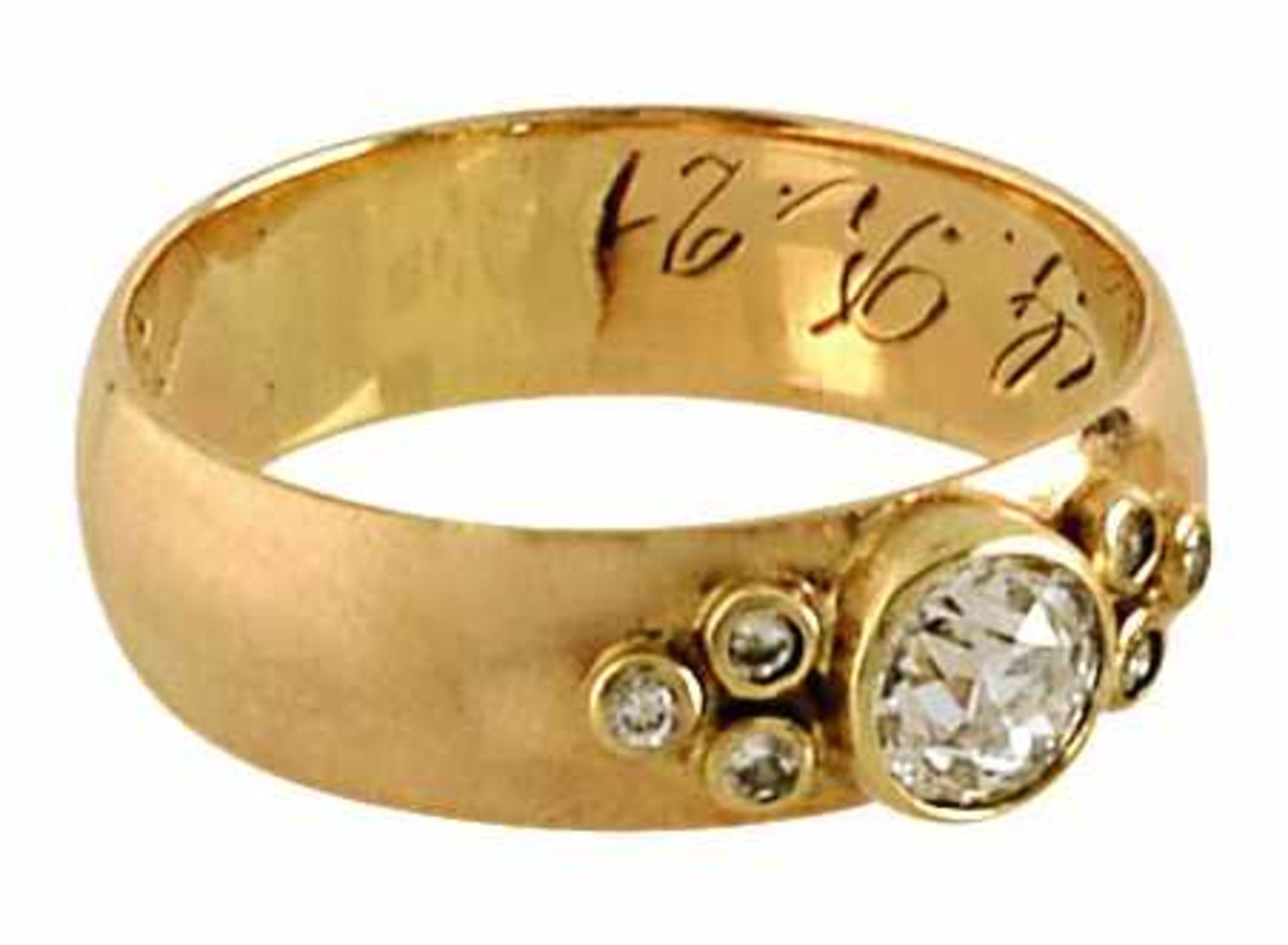 Diamantring14 K RG, Marke (585). Ehemals Ehering, besetzt mit einem Altschliffdiamant, ca. 0,47