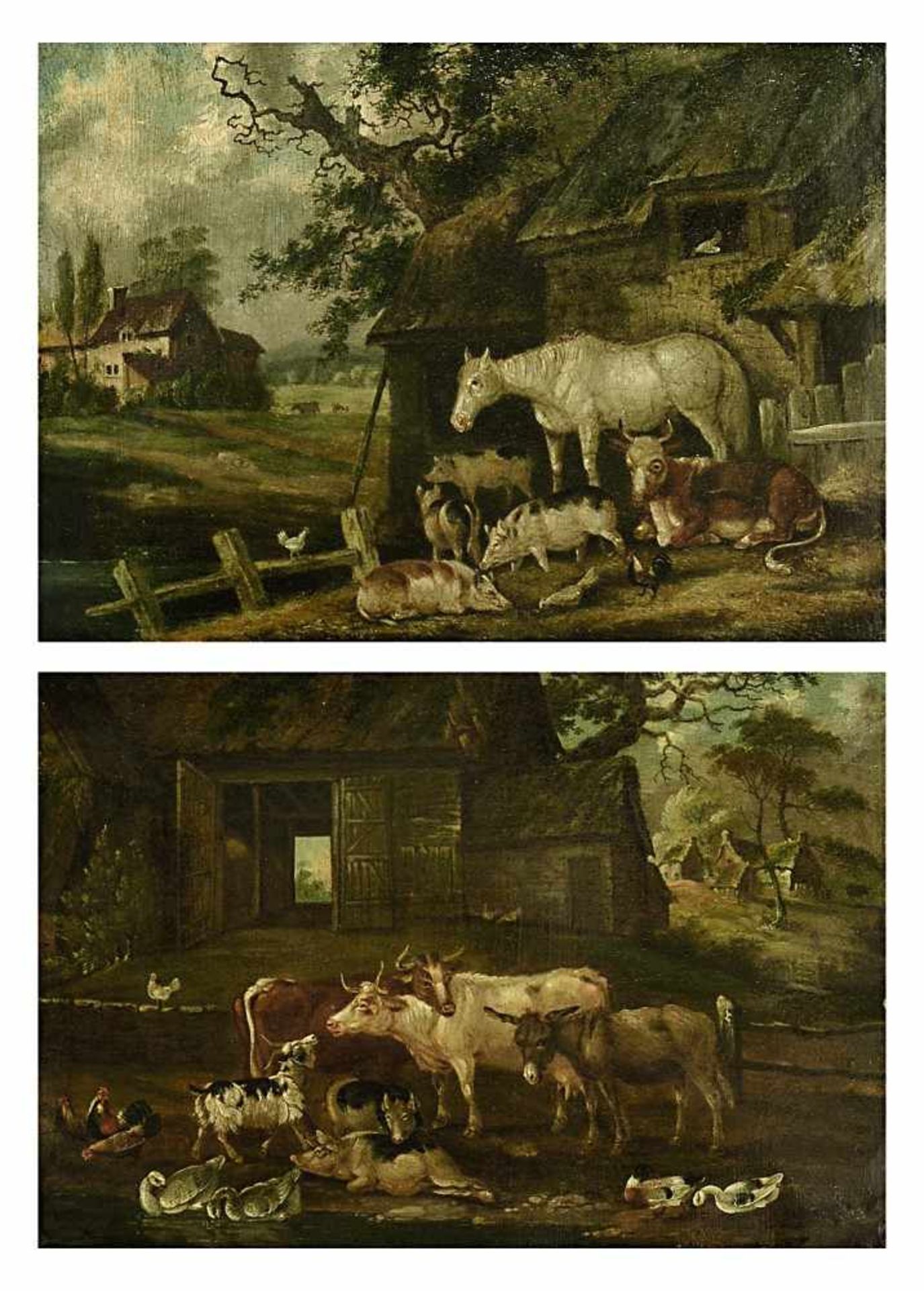 Niederlande17./18. Jh.Tiere auf dem BauernhofZwei Gemälde: Öl / Kupfer ca. 25 x 35 cm Rest., min.