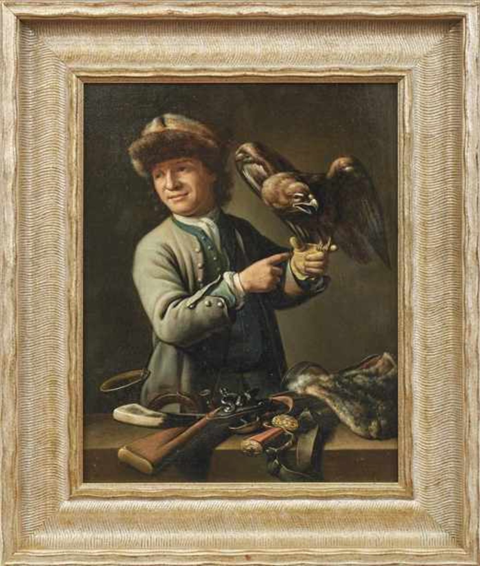 Pee, Theodor van Jäger mit Falke (Amsterdam 1668/1669-1746 Den Haag) Öl/Holz. Rechts unten sign. und