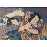 Utagawa Kunisada (Toyokuni III.) Kabuki-Diptychon mit Schauspielern in einer Kampfszene (