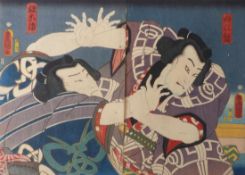 Utagawa Kunisada (Toyokuni III.) Kabuki-Diptychon mit Schauspielern in einer Kampfszene (