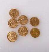 Sieben Goldmünzen 2. H. 20. Jh. Bestehend aus fünf Sovereign Elisabeth II. von 1968, eine 2-Rand-