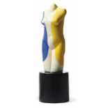 Glasskulptur "Frauentorso" Murano, 20. Jh. Blau-weiß-gelber, weiblicher Torso auf schwarzem,