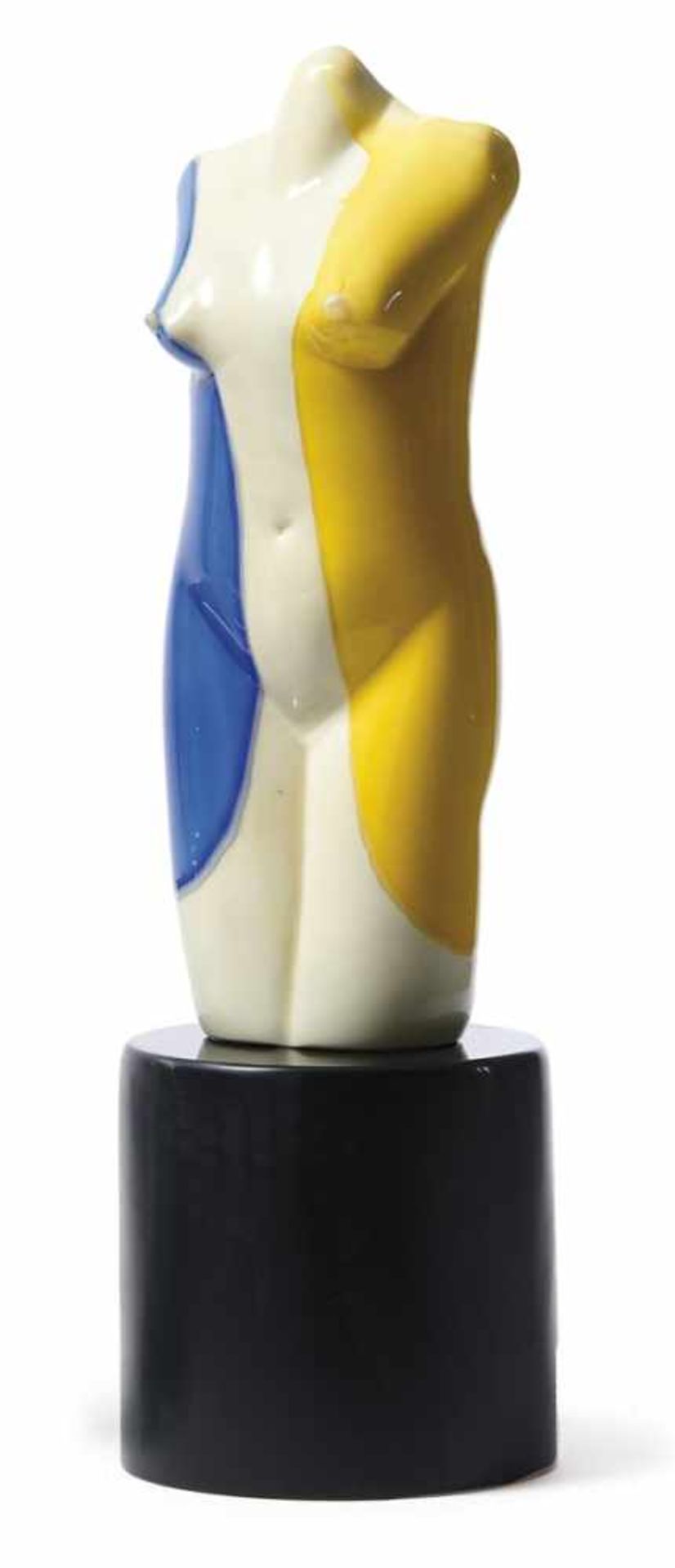 Glasskulptur "Frauentorso" Murano, 20. Jh. Blau-weiß-gelber, weiblicher Torso auf schwarzem,