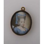 Damenbildnis Um 1770 Ovale Portraitdarstellung einer Frau in hellblauem Kleid. Aquarell/Elfenbein.