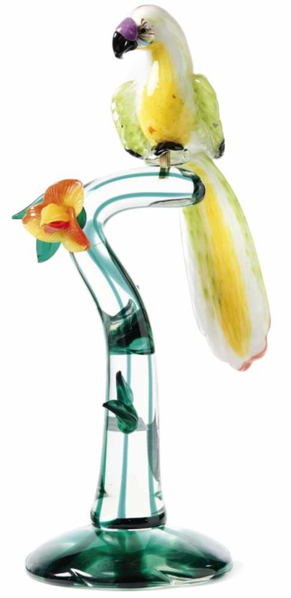 Glasskulptur "Papagei" Murano, 20. Jh. Auf einem stilisierten Ast mit oranger Blüte ein