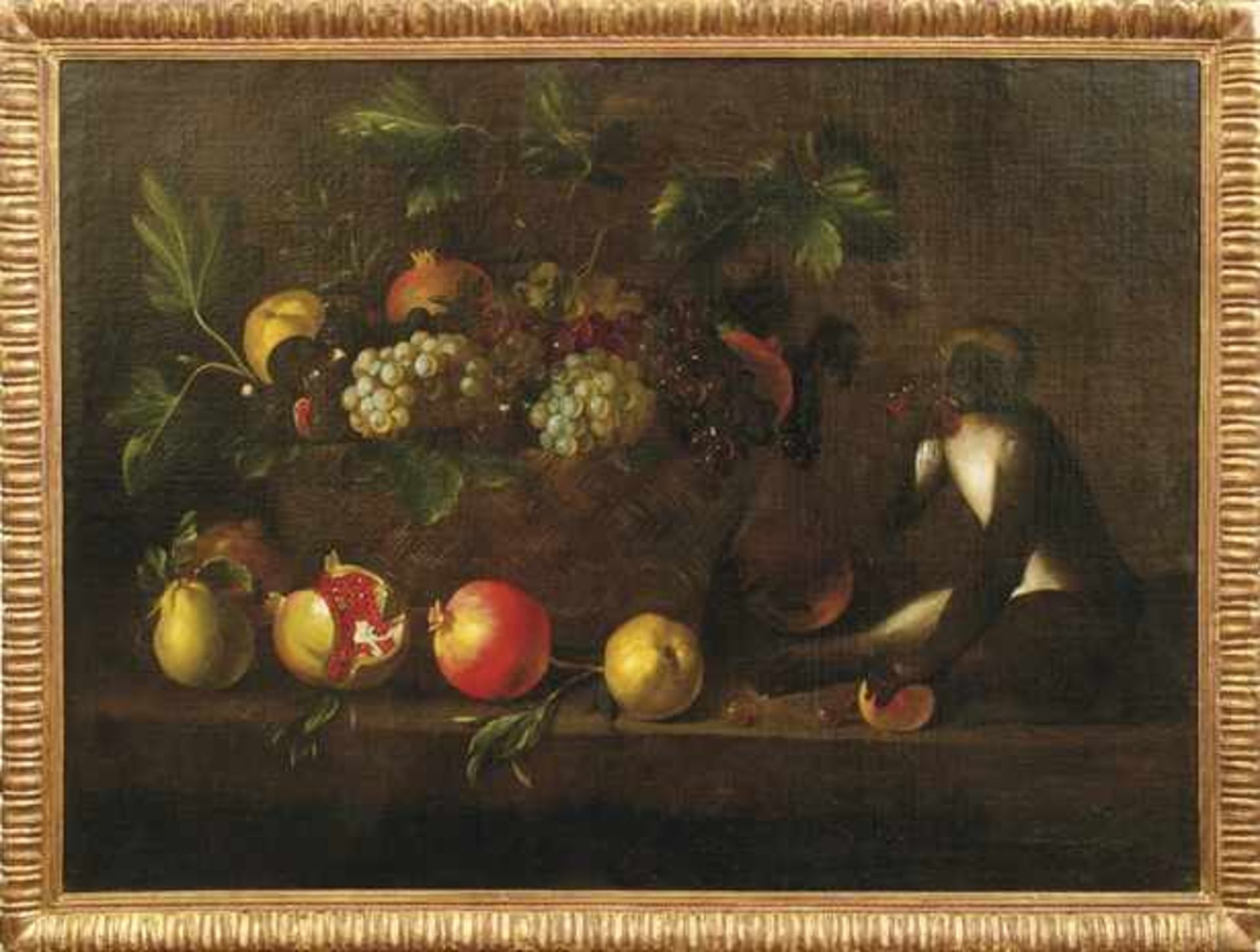 Früchtestillleben mit Affen Italien, 17. Jh. - Umkreis des Pietro Paolo Bonzi Reich mit Trauben,