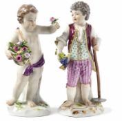 Jahreszeitenfigur und Gärtnerkind Meissen, 19. Jh. Putto als Allegorie des Frühlings auf Natursockel