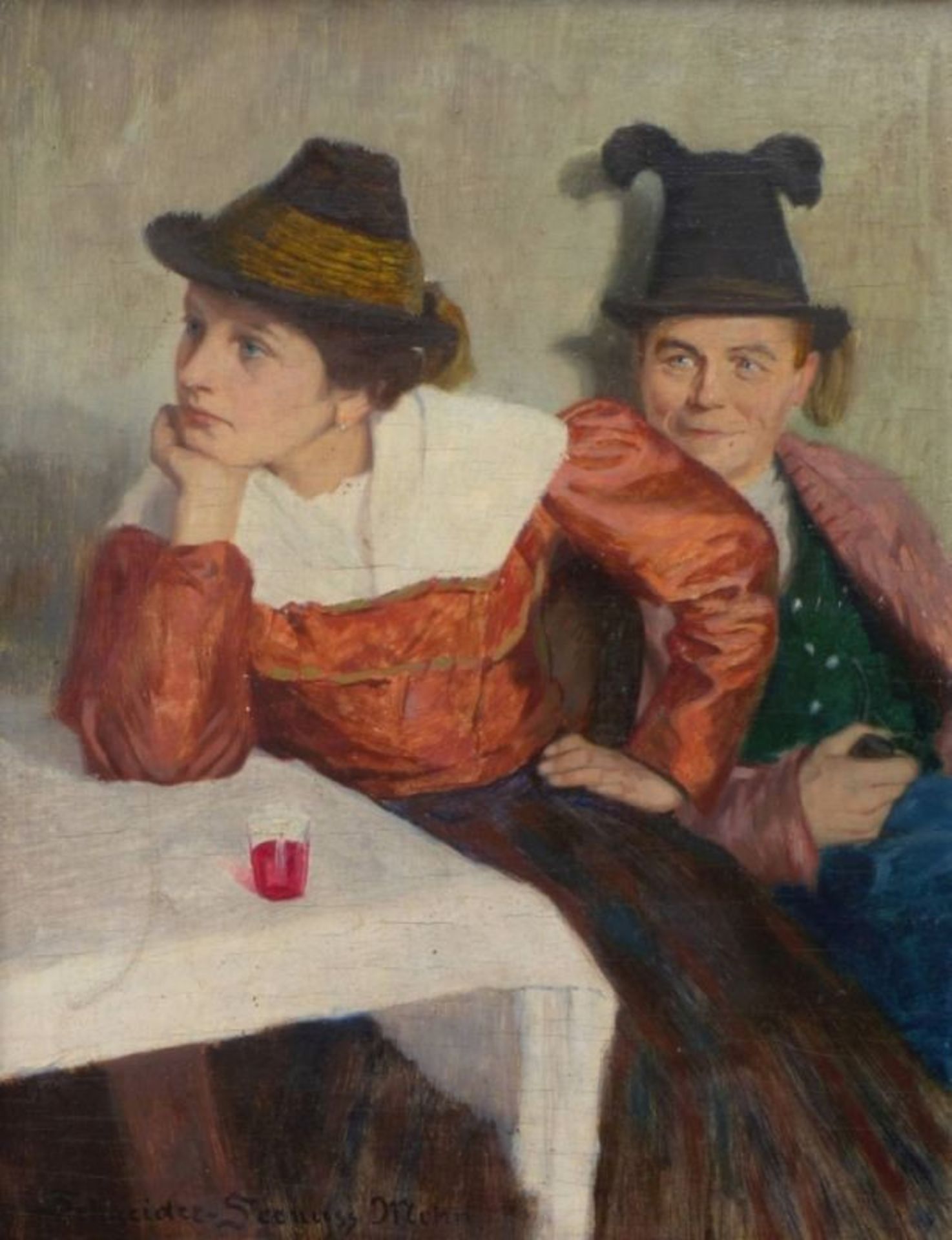Schneider-Seenuss, Leo Paar in oberbayerischer Tracht an einem Wirtshaustisch (1868 geb., tätig in