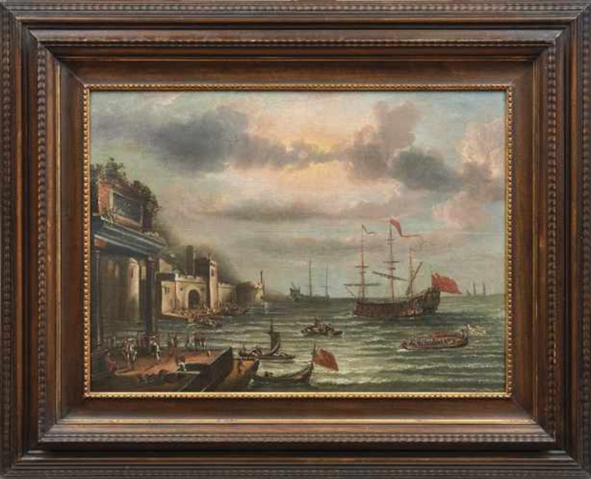 Grevenbroeck, Jan, gen. Il Solfarolo (Attrib.) Belebter Hafen einer befestigten, italienischen Stadt