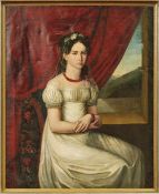 Portrait einer jungen Frau in weißem Kleid Um 1820 Vor roter Draperie sitzend, rechts durch ein