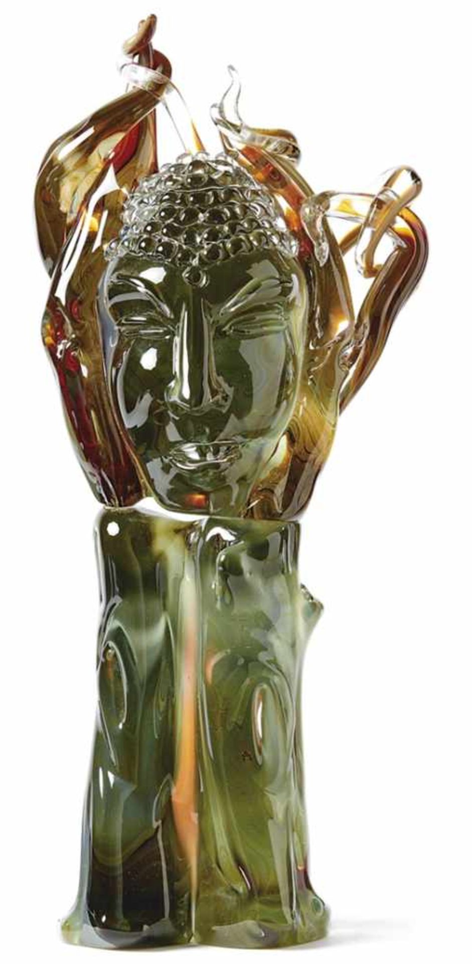 Glasskulptur "Buddhakopf" Murano, 20. Jh. Auf von zwei Baumstämmen gebildetem Sockel ein Buddhakopf,