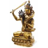 Manjushri und seine Gefährtin in Yab-Yum Tibet, 20. Jh. Zweiteilig, der auf Lotossockel im Padmasana