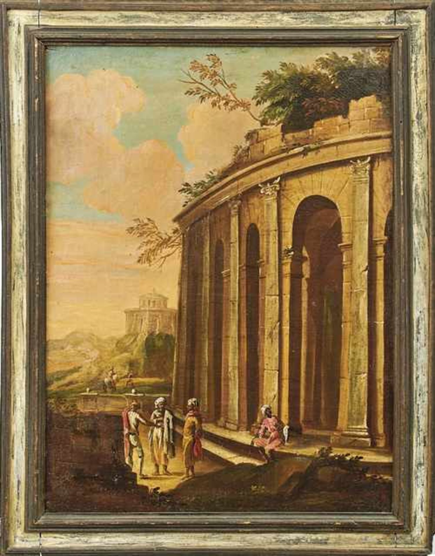 Architekturlandschaft mit Ruinen und Personengruppen Italien, 18. Jh. Öl/Lwd. 98,5 x 73 cm. -