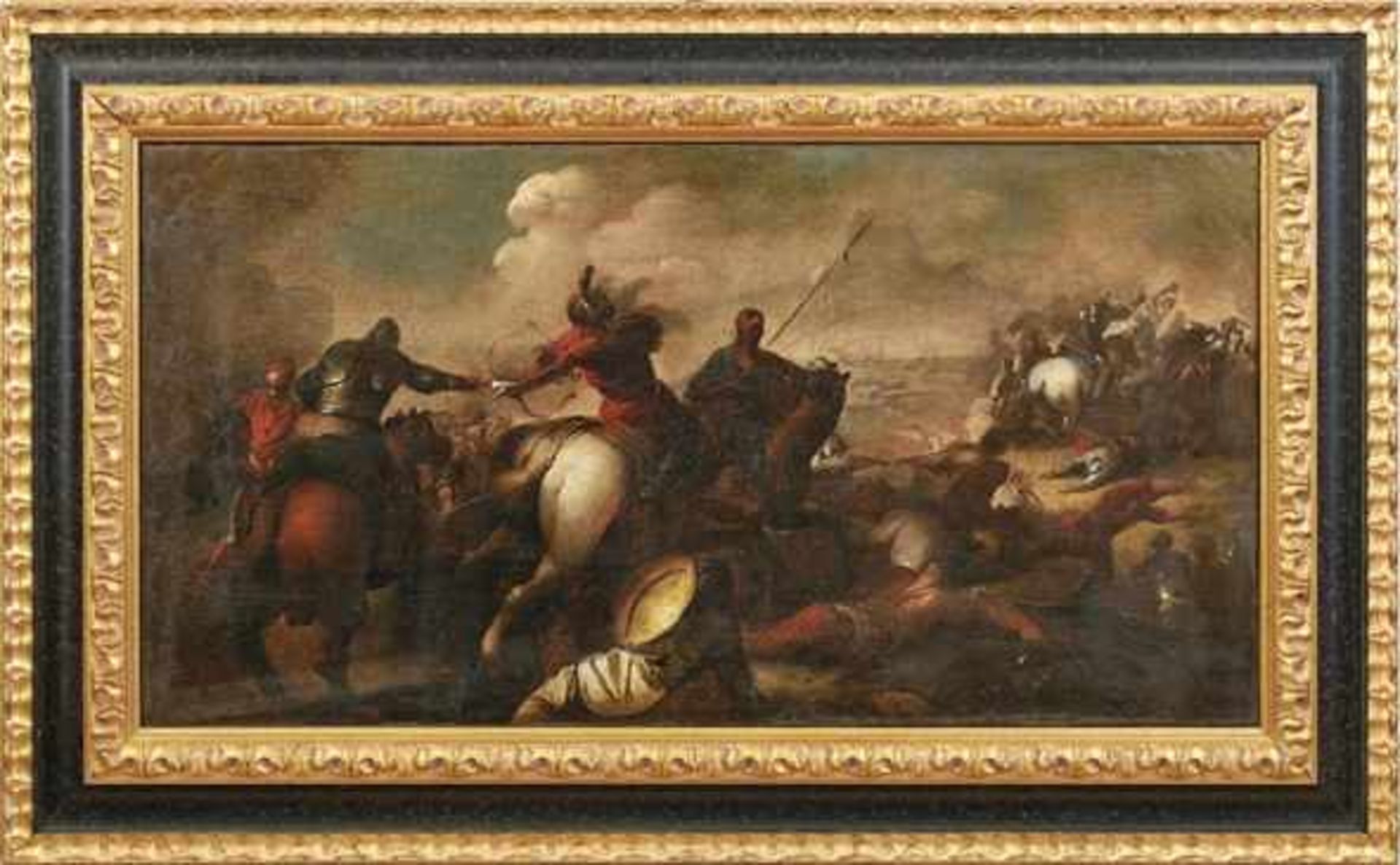 Zwei Bataillenszenen Neapolitanischer Maler des 17. Jahrhunderts Öl/Lwd., doubl. 49,5 x 95 cm. - Die - Bild 2 aus 2