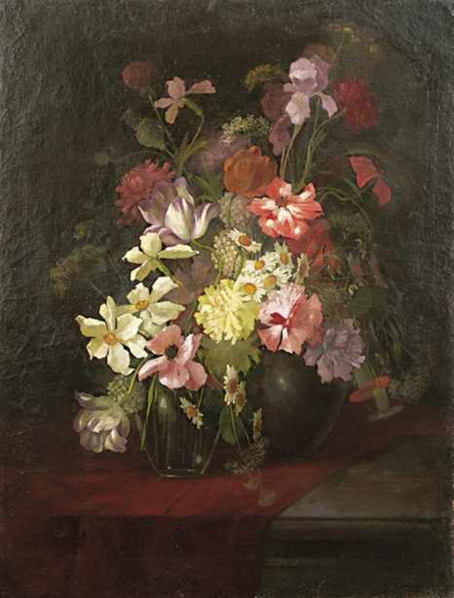 Stilllebenmaler des 19. Jahrhunderts Zwei Vasen mit Blumensträußen auf einer Konsole Öl/Lwd., doubl.