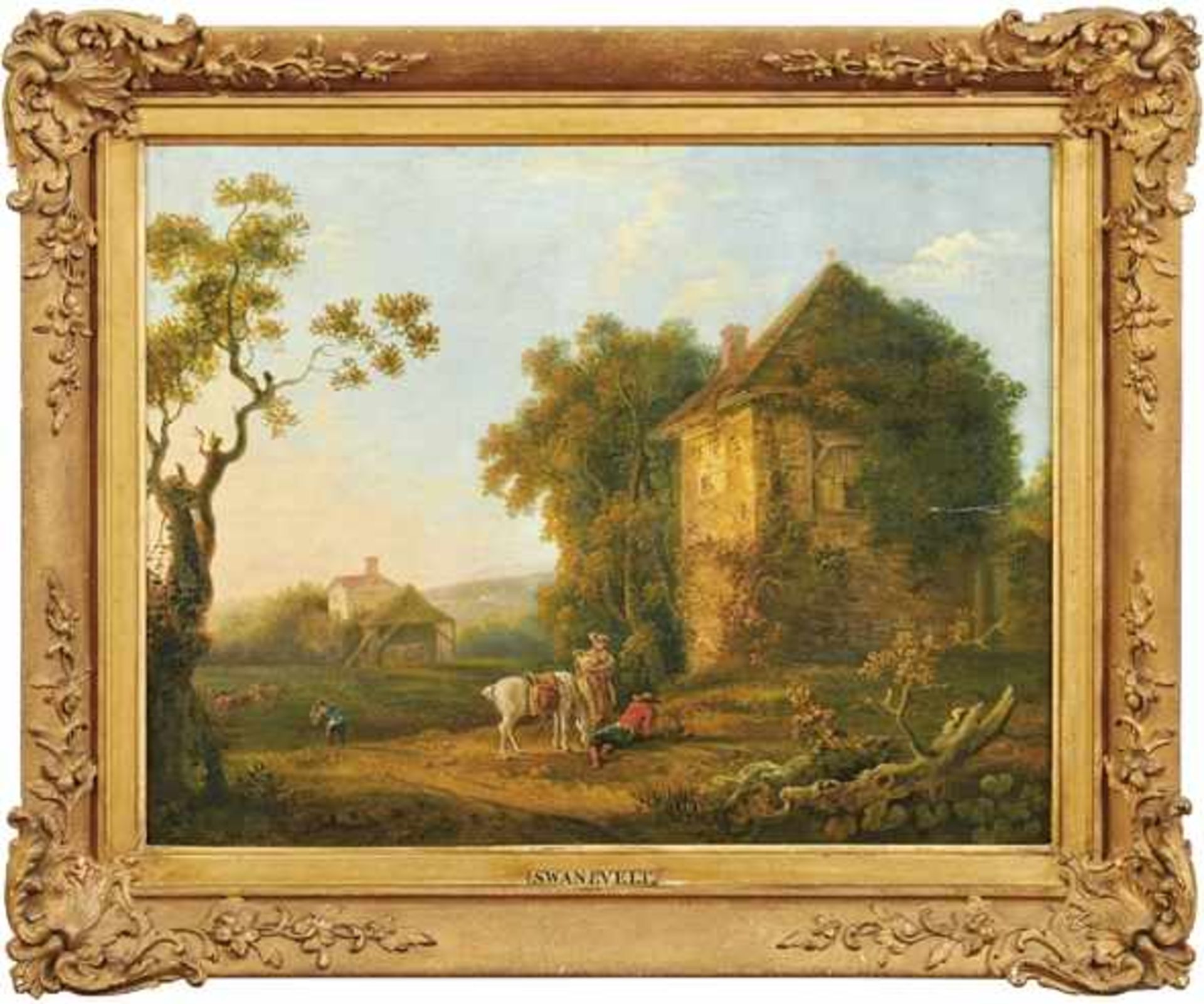 Frühromantiker um 1800 Landschaft mit Hirten und rastendem Reiter Öl/Lwd. 46 x 59 cm. - Kratzer