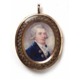 Herrenportrait mit Haarandenken E. 18. Jh. Ovale Miniatur mit Bildnis eines Herren in dunkelblauem