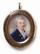 Herrenportrait mit Haarandenken E. 18. Jh. Ovale Miniatur mit Bildnis eines Herren in dunkelblauem