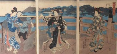 Utagawa Kunisada (Toyokuni III.) Triptychon einer Hafenszene mit gefangenem Haifisch (Katsushika